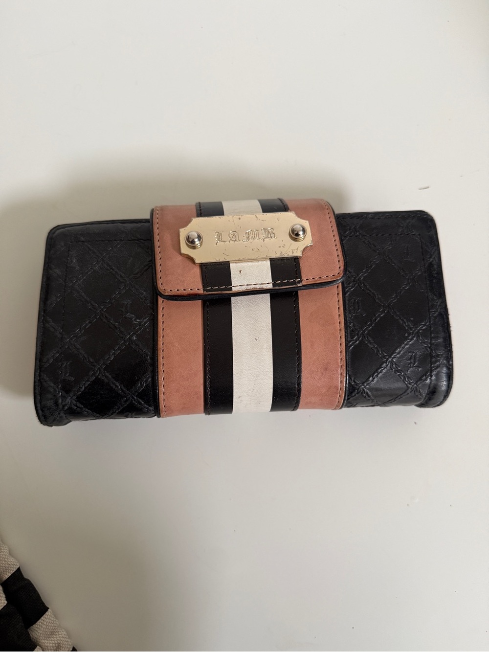 L.A.M.B. Gwen Stefani Black Leather Racing Stripe Kiss Lock Wallet Y2K Vintage
